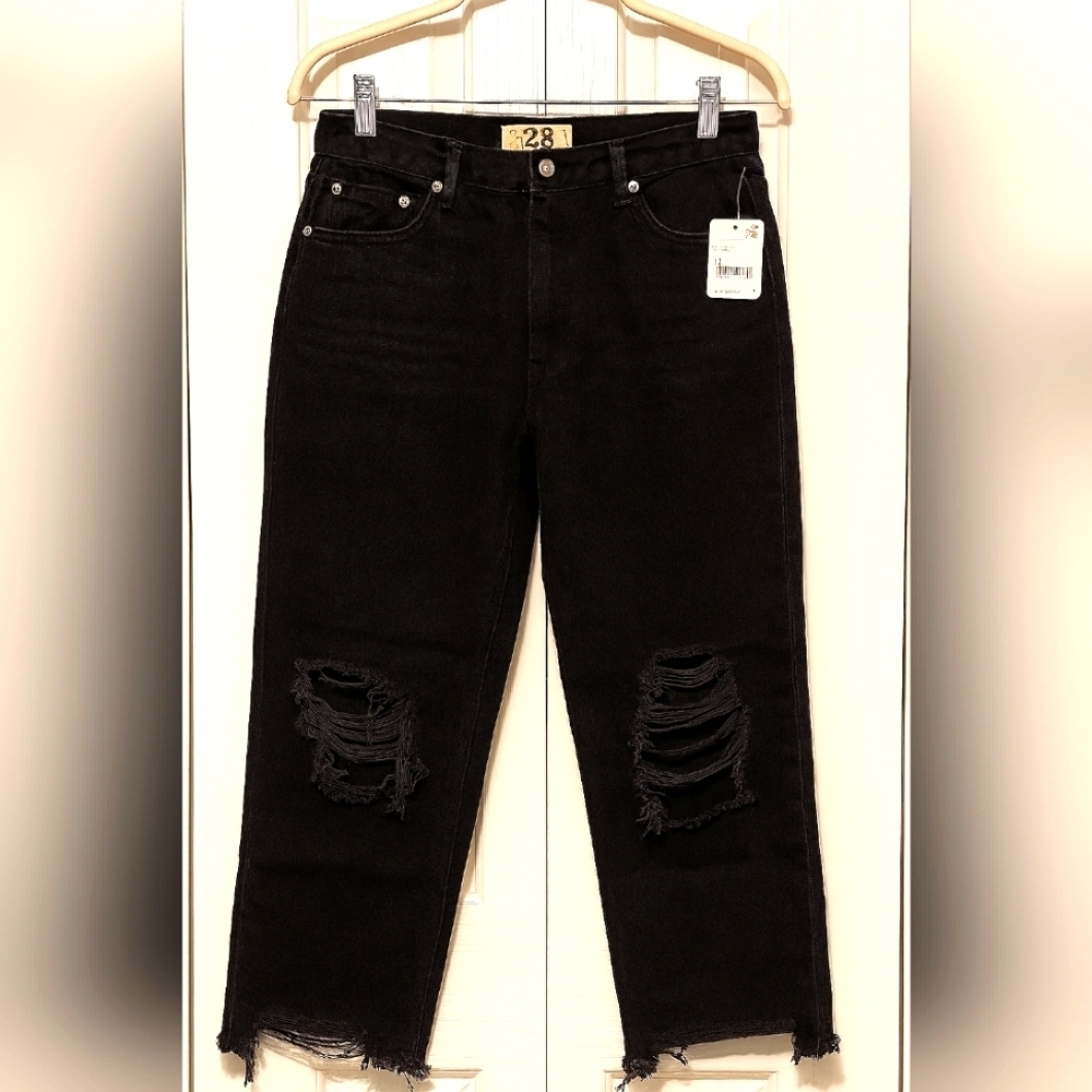 Free People Black Distressed Maggie Straight Jeans S28 NWT